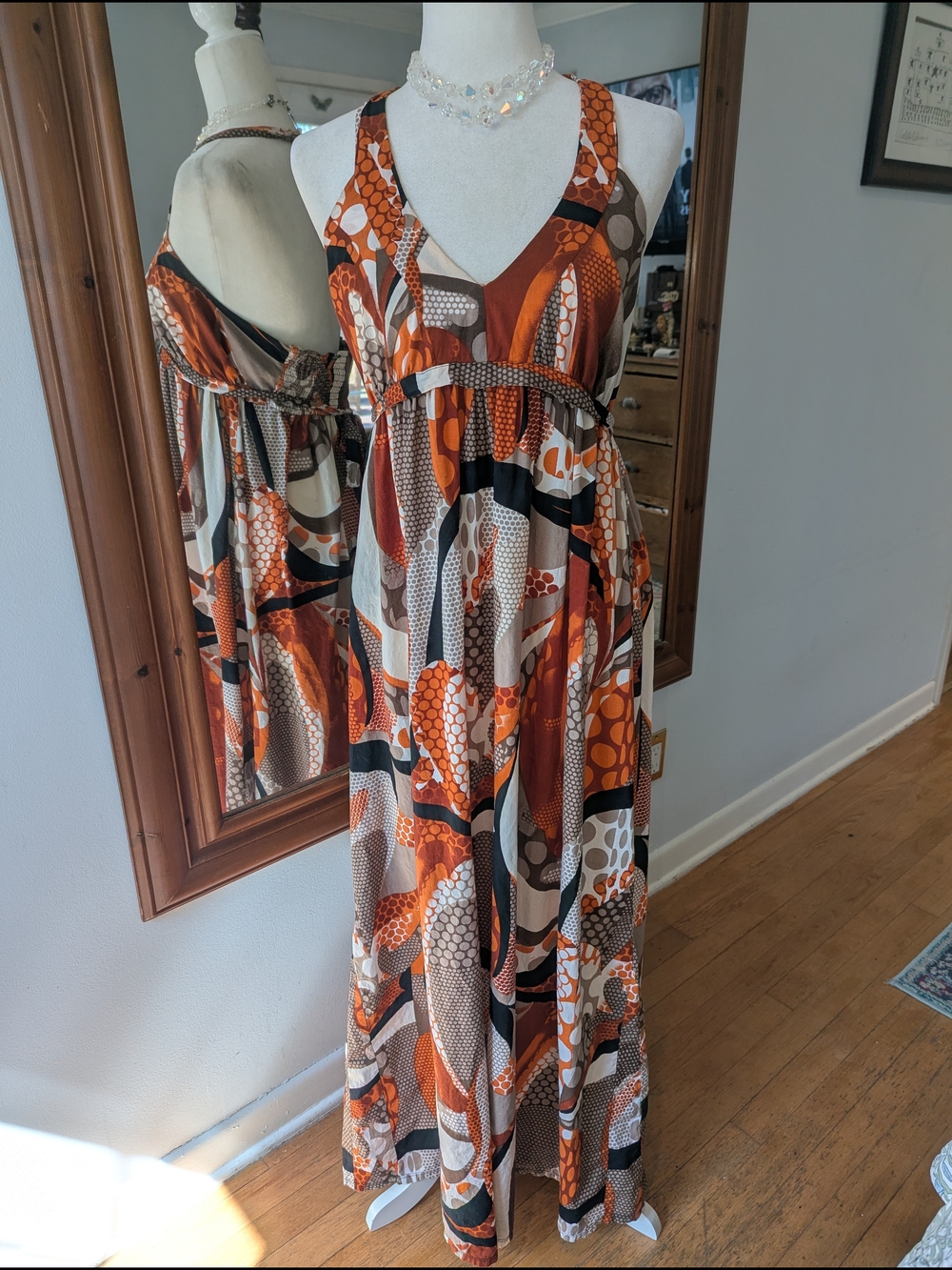 Vintage Indian Cotton Women’s Orange & Brown Patterned Maxi Dress